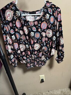 1.STATE Black Paisley & Floral Blouson Top with Pink and Blue Accents